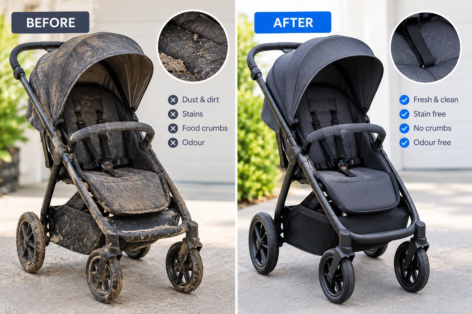 Pram before cleaning covered in dust, stains and crumbs, beside the same pram after cleaning looking fresh