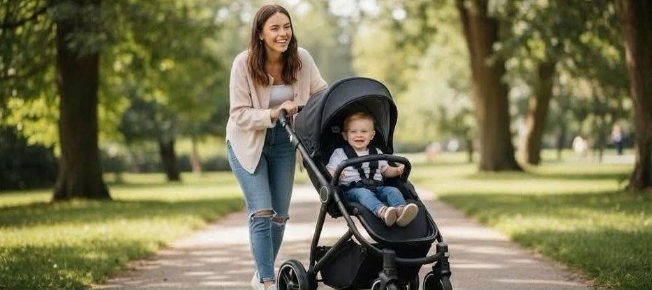Smiling mum walking a toddler in a clean pram through a leafy Toowoomba park